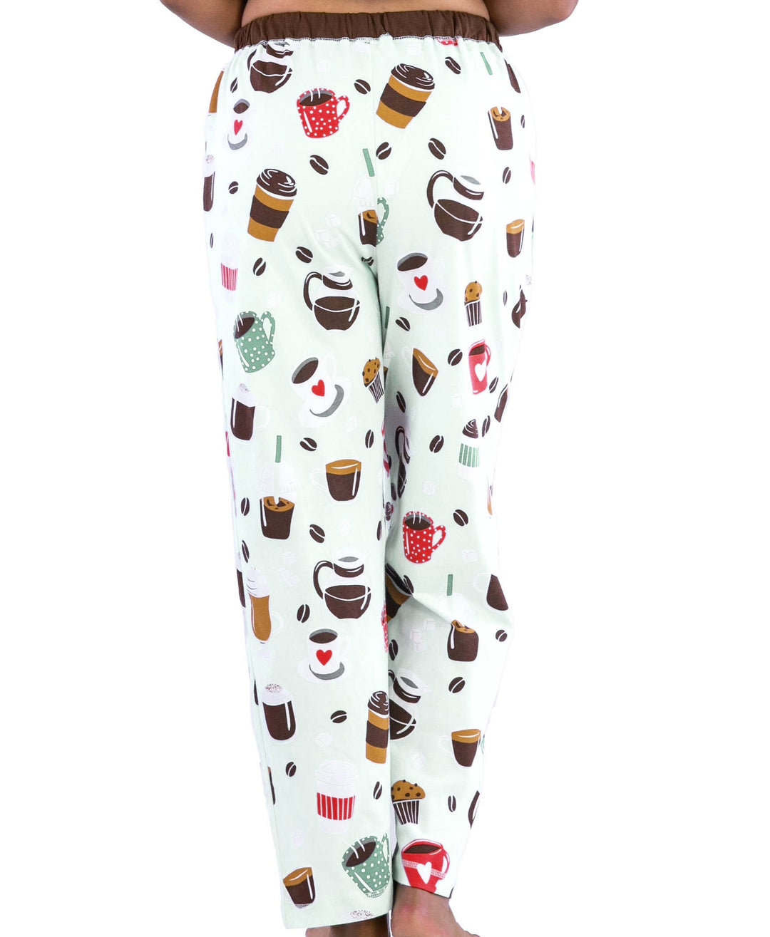 Person shown from the back wearing Dog Mom, Cat Nap & More Pajama Pants featuring a light color and a fun coffee-themed print with cups, mugs, beans, and cupcakes against a white background.