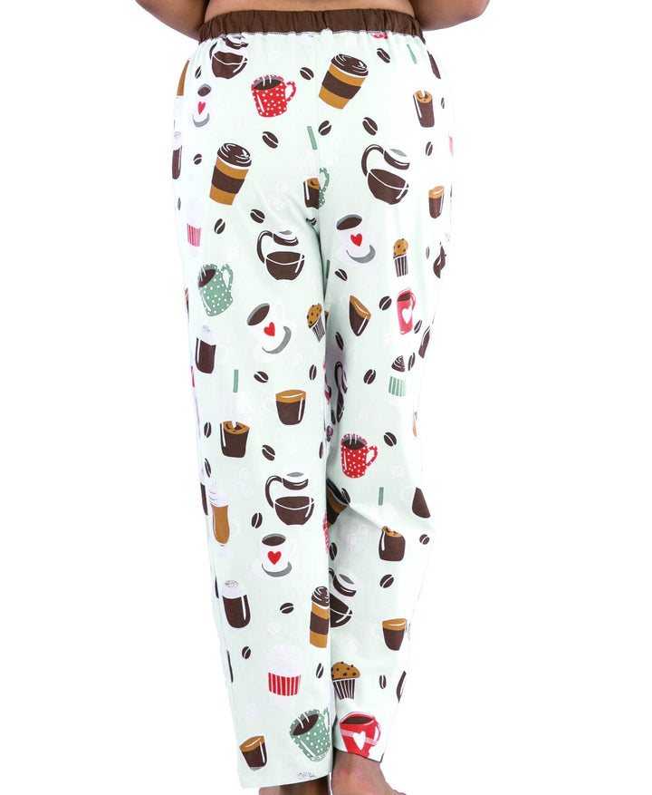 Person shown from the back wearing Dog Mom, Cat Nap & More Pajama Pants featuring a light color and a fun coffee-themed print with cups, mugs, beans, and cupcakes against a white background.