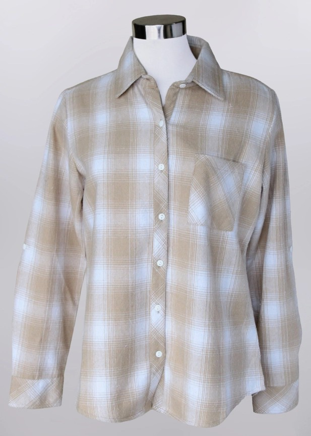Plaid Button Shirt in beige and white with a collar, chest pocket, and button-up front, shown on a mannequin against a plain light background.