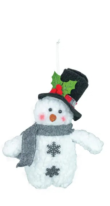 Plush Snowman Ornament featuring a gray scarf, black top hat adorned with holly and berries, black snowflake buttons, a carrot nose, and pink cheeks—perfect for bringing charm to your Christmas tree or holiday décor. Displayed against a white background.