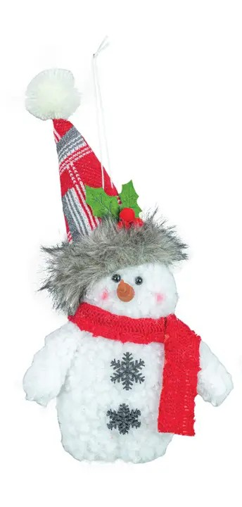 Add a charming touch to your holiday décor or Christmas tree with the Plush Snowman Ornament, featuring a fuzzy red and gray hat adorned with holly and berries, a red scarf, orange carrot nose, button eyes, and gray snowflake buttons.