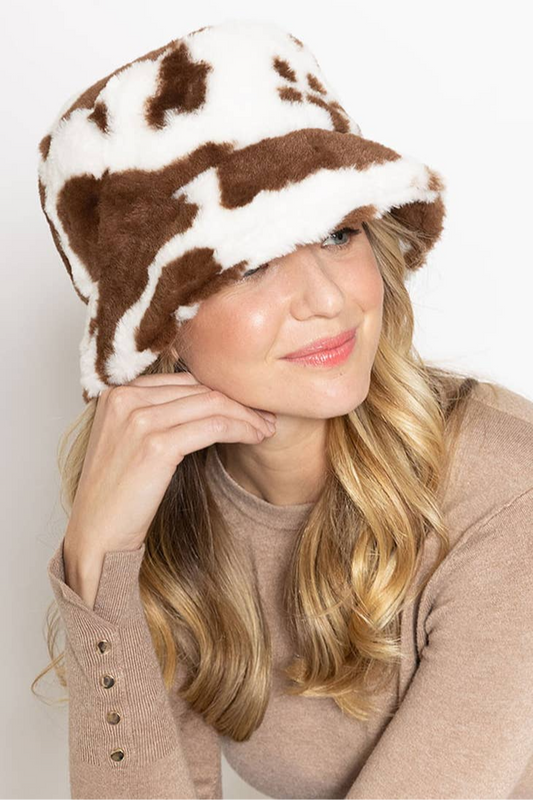 Winter Cow Print Faux Fur Fluffy Bucket Hat