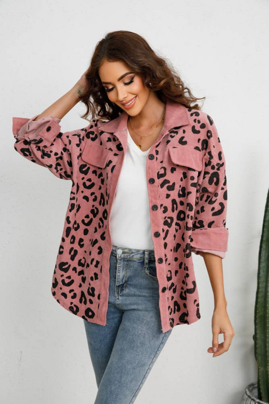 Leopard Print Corduroy Shirt Jacket Shacket