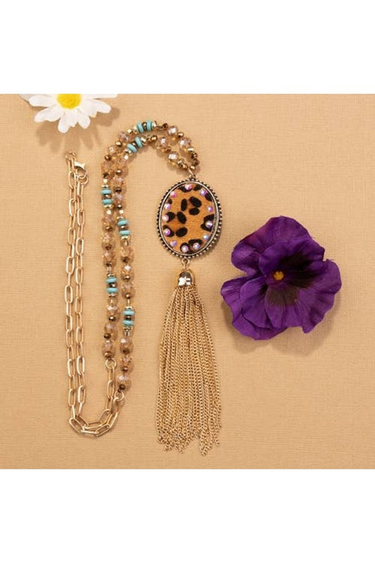 Animal Print Beaded Tassel Necklace