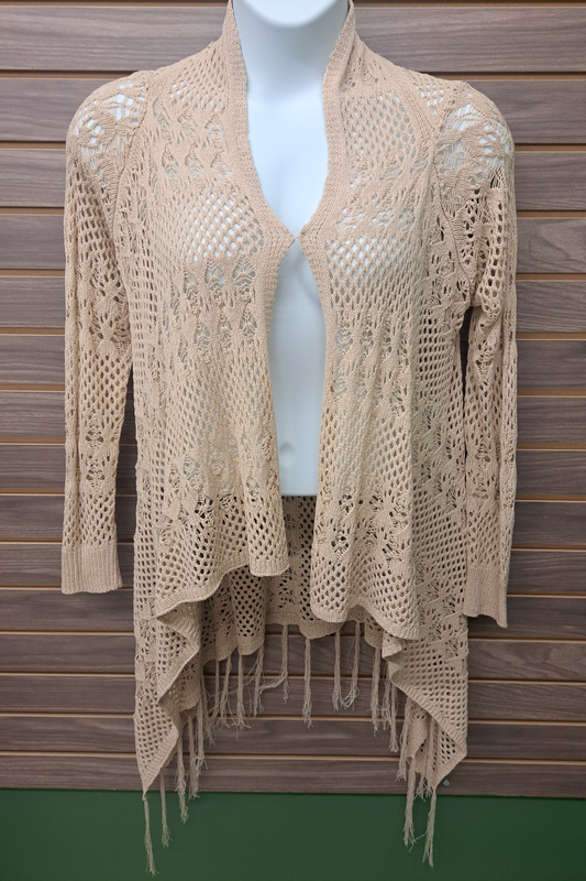 Beige crocheted open sweater with fringe