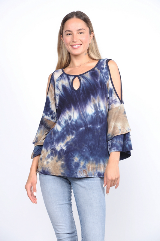 Bell sleeve tie dye top with keyhole