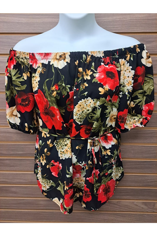 Black & floral off shoulder with tie belt