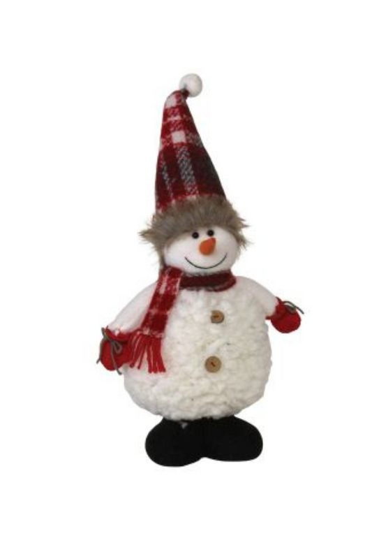 Standing plush snowman w/plaid scarf & hat