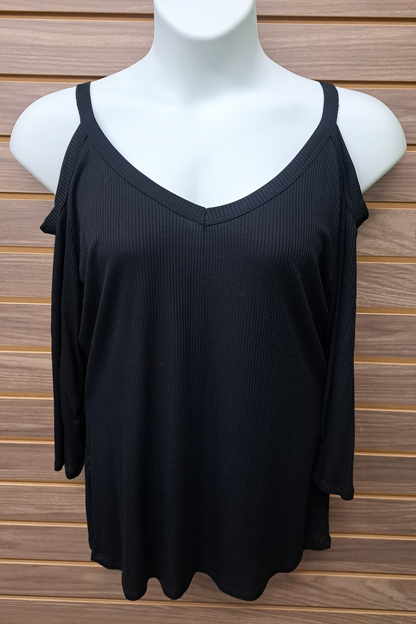 Black 3/4 Sleeve Cold Shoulder Ribbed Top