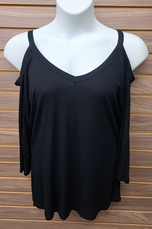 Black 3/4 Sleeve Cold Shoulder Ribbed Top