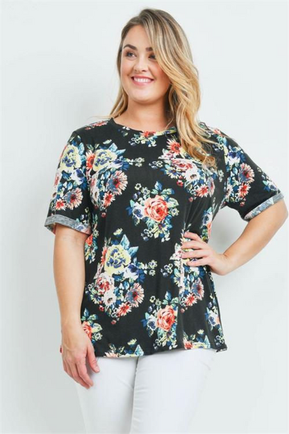 Black Floral Chest Pocket Top