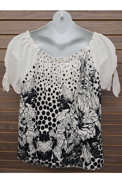 Blk & white floral self-tie sleeves