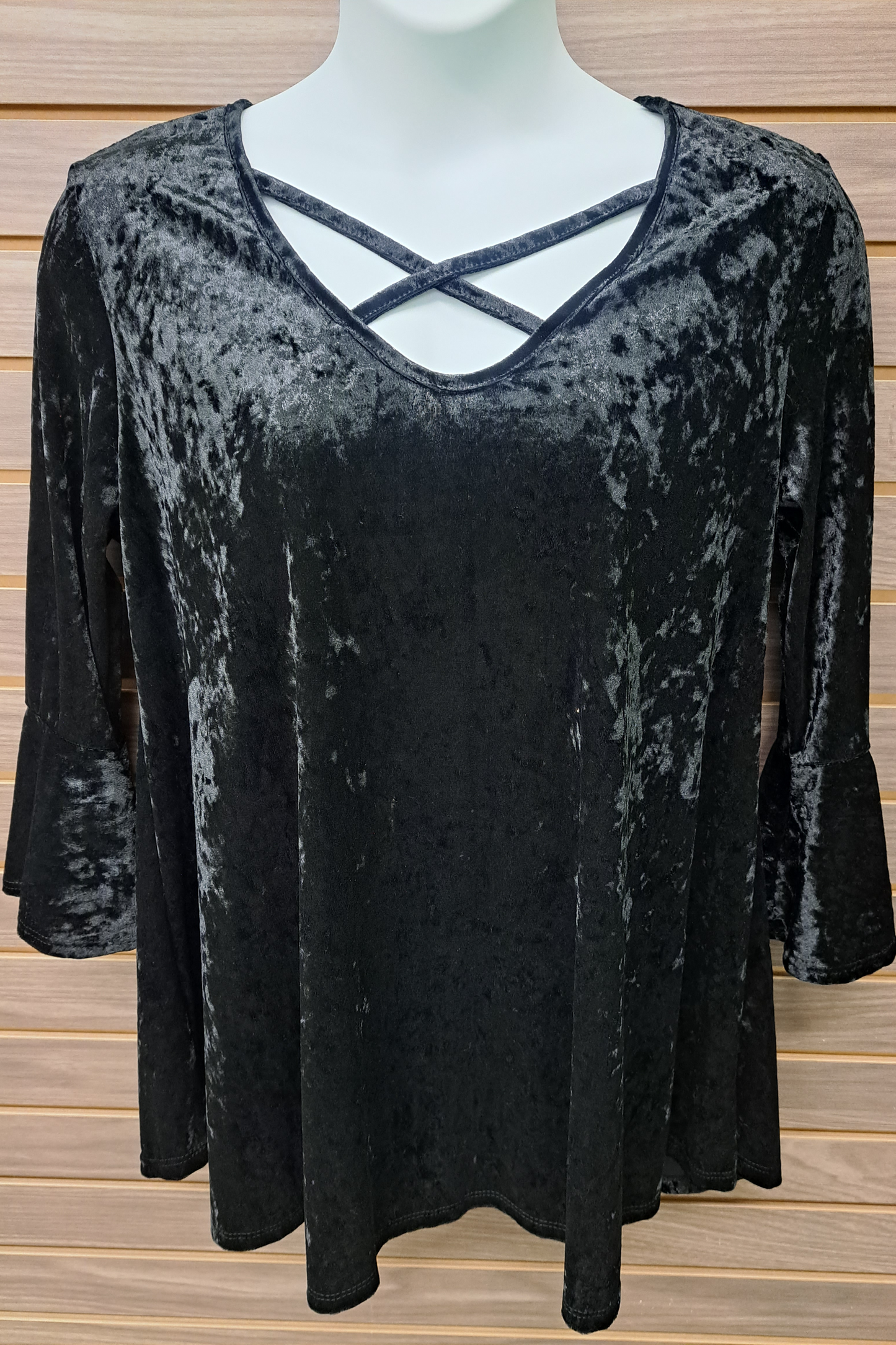 Blank Velour Cage Neck Bell Sleeve Top