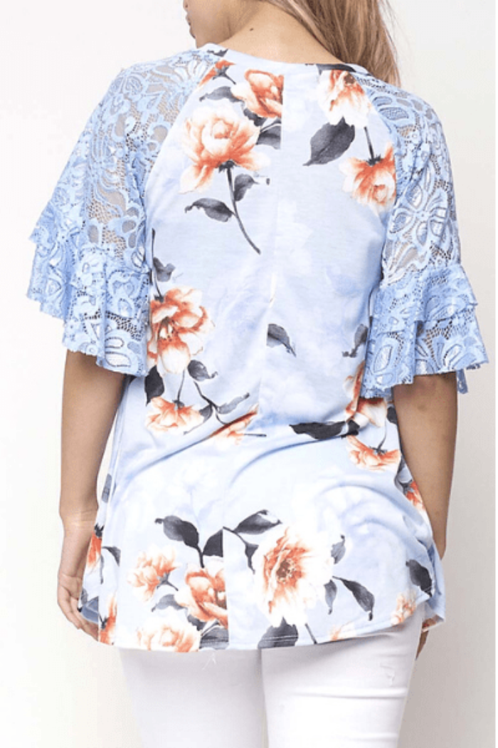 Blue Floral Lace Sleeve Top