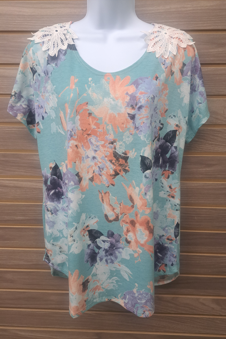 Blue floral lace ss tunic