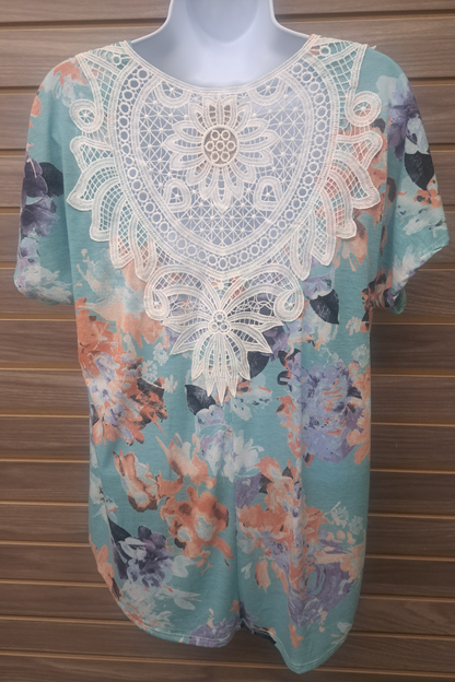 Blue floral lace ss tunic