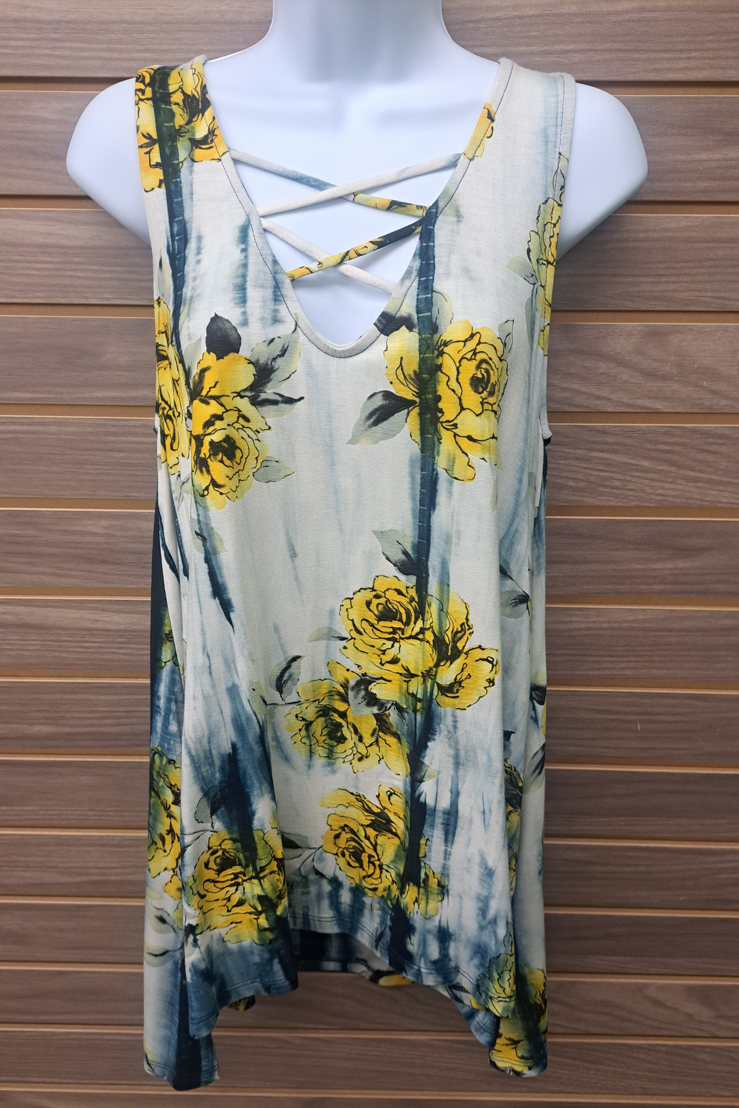 Blue yellow floral cage front tank