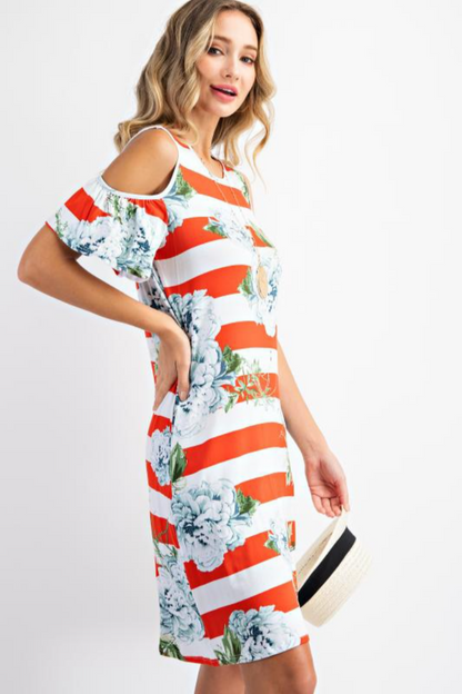 Bold stripe floral cold shoulder dress