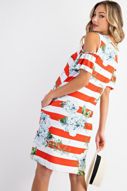 Bold stripe floral cold shoulder dress