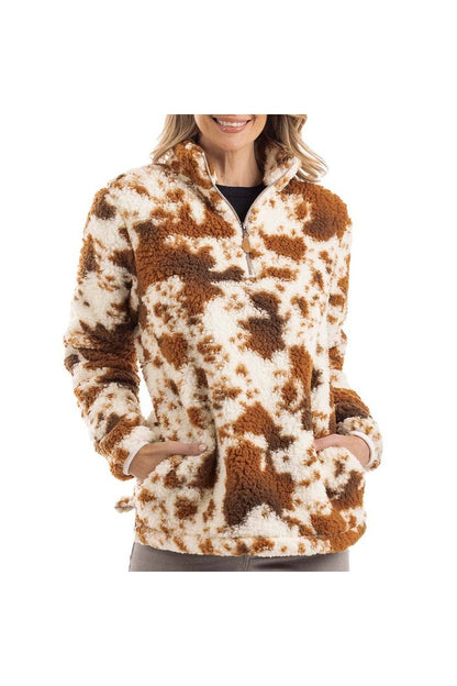 Brown Cow Print Sherpa Pullover