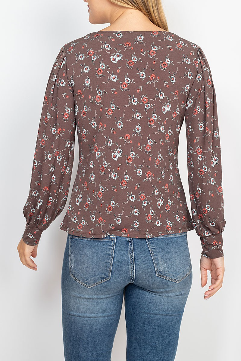 Bubble Sleeve Floral Print Round Top