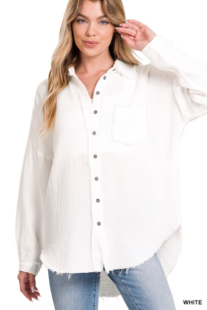 DOUBLE GAUZE OVERSIZED RAW EDGE SHIRT