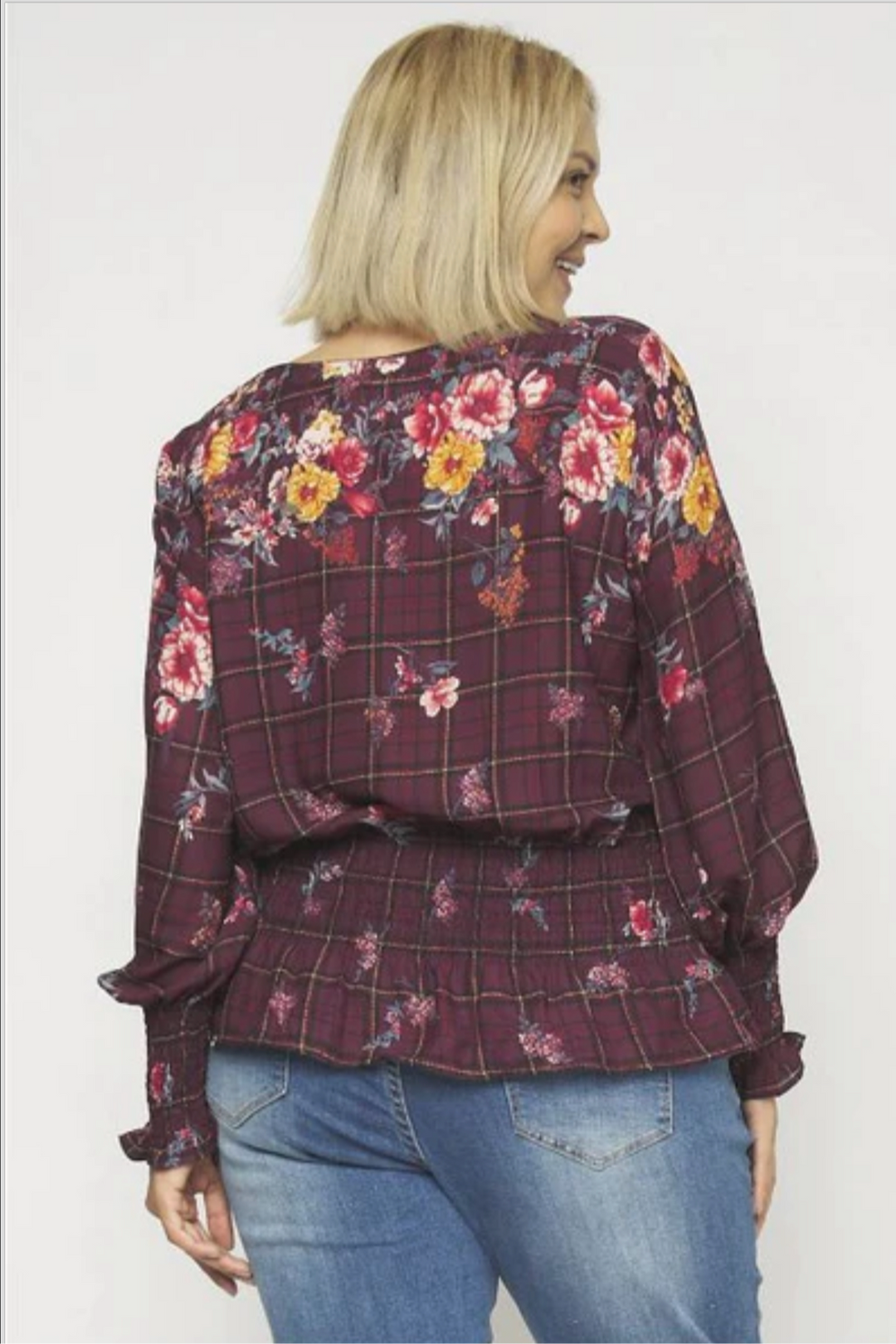 Burgundy plaid floral elasticized waist and sleeve