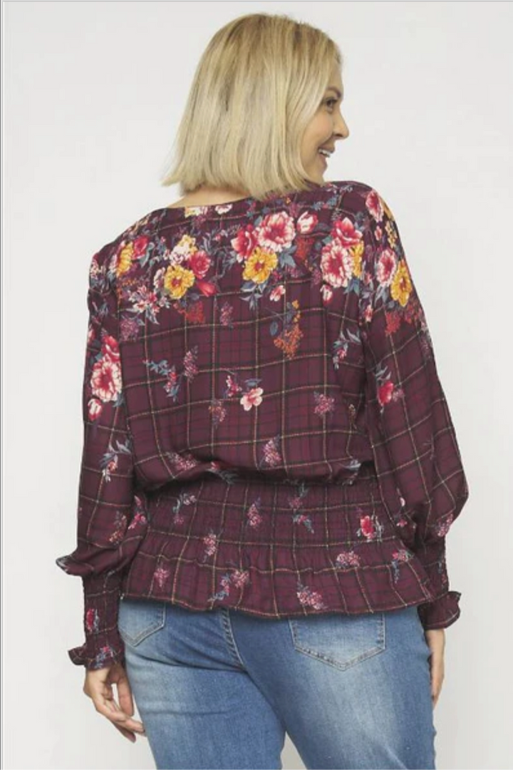 Burgundy plaid floral elasticized waist and sleeve