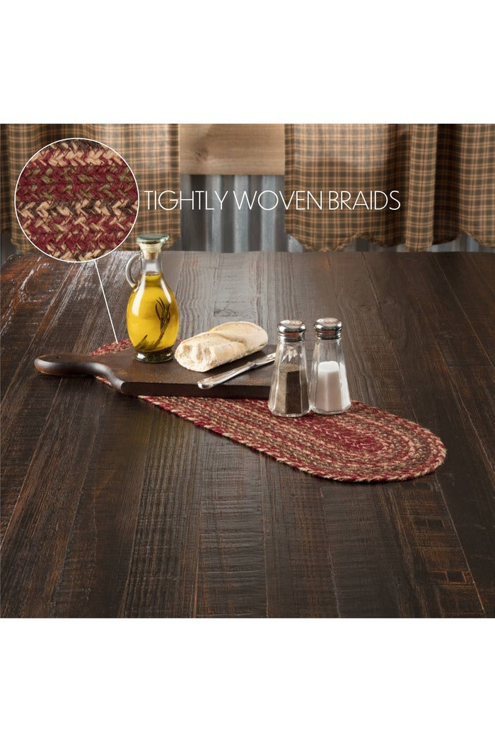 Table setting with a woven placemat, bread, oil, and salt on a wooden table.