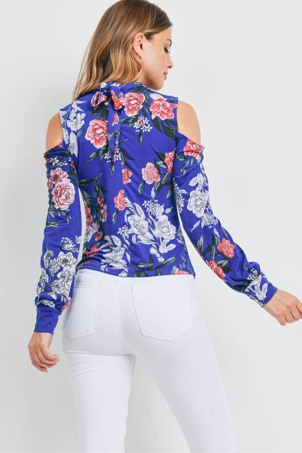 Cold shoulder floral tie back blouse