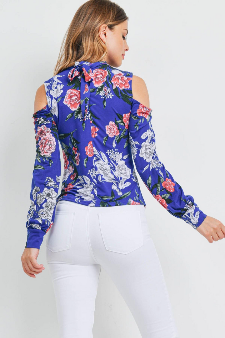 Cold shoulder floral tie back blouse