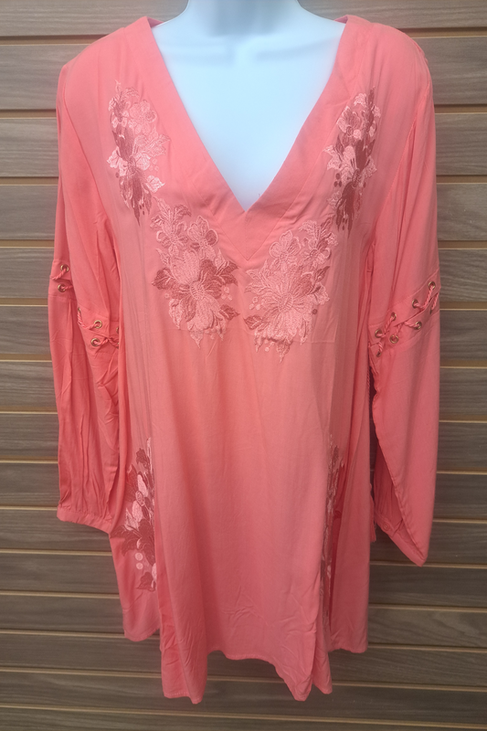 Coral embroideRed tunic w/shoe lace sleeve