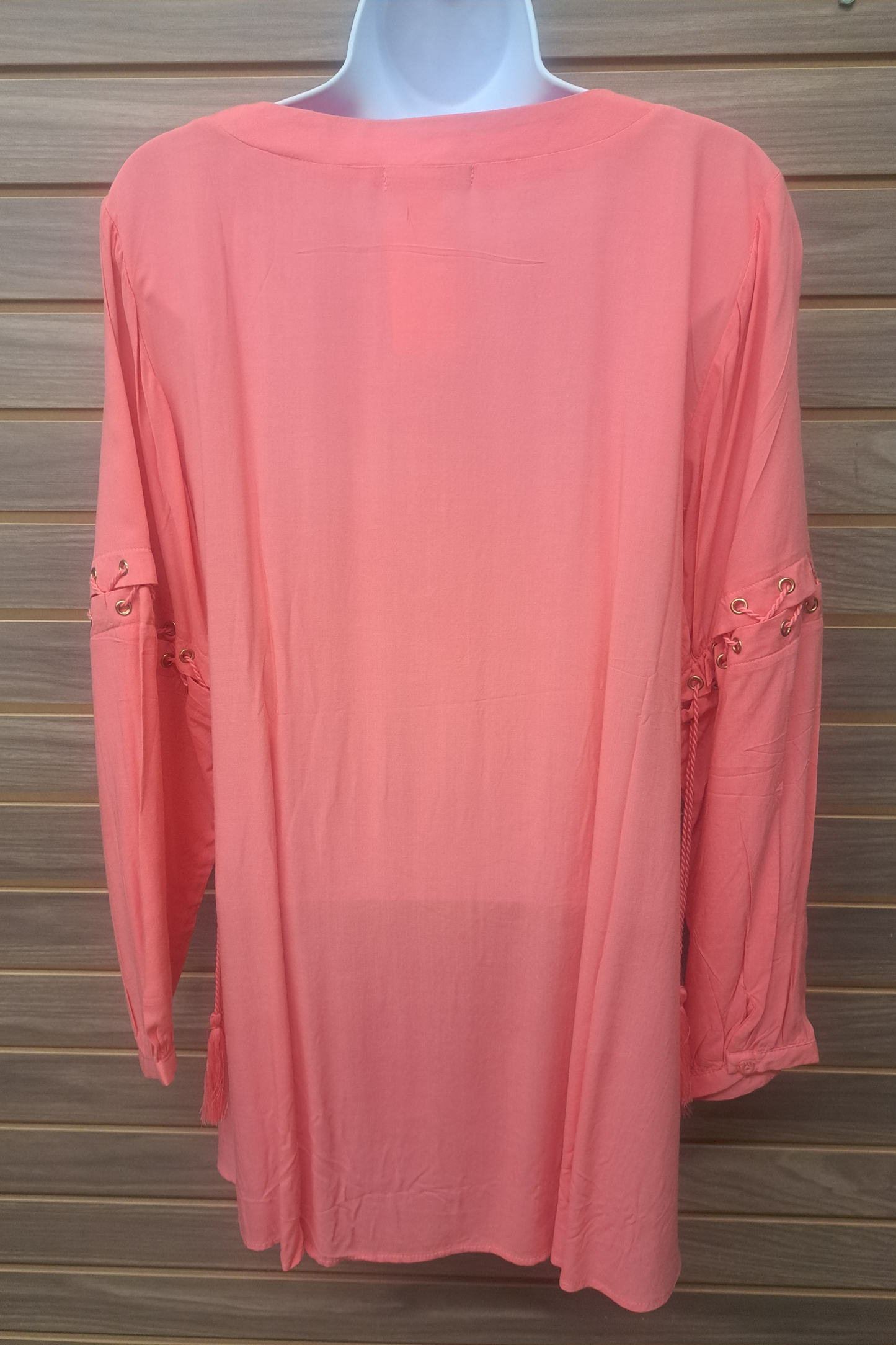 Coral embroideRed tunic w/shoe lace sleeve