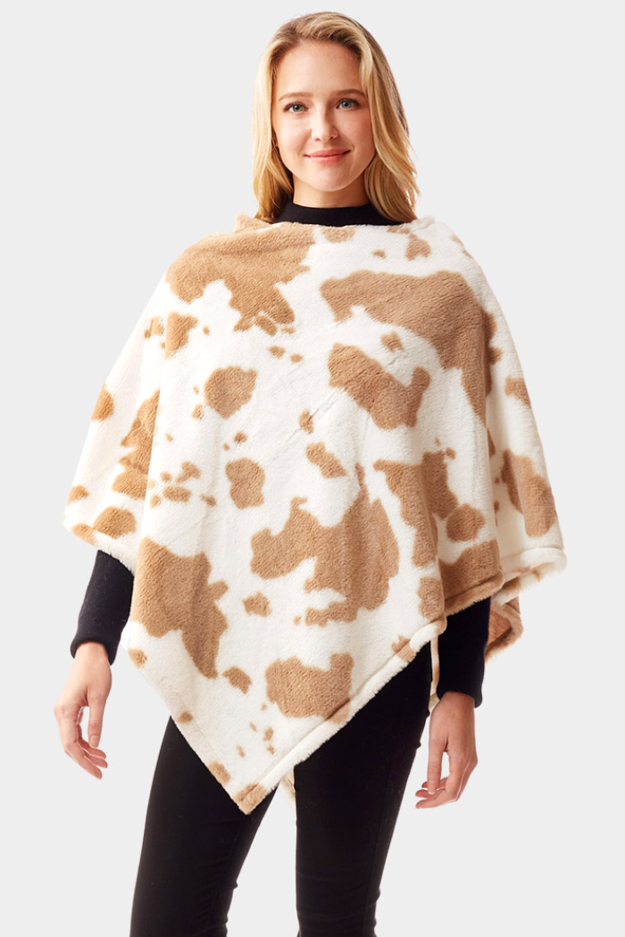 Cow Patterned Soft Faux Fur Poncho