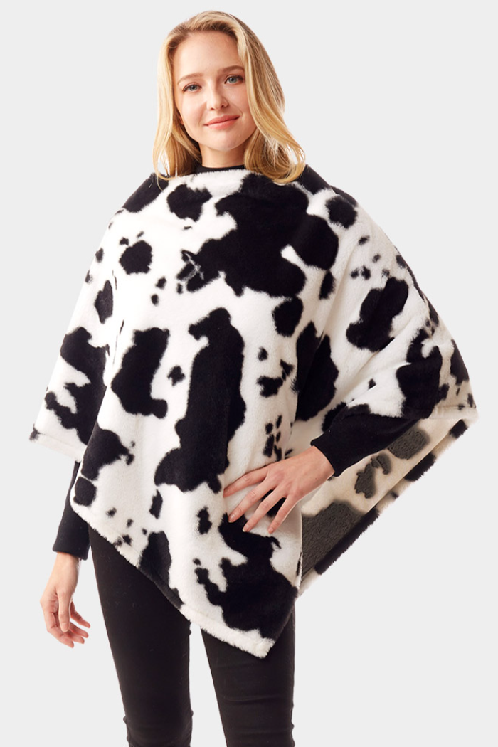 Cow Patterned Soft Faux Fur Poncho