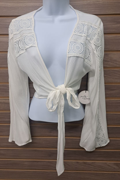 Cream lace front tie cover up jacket
