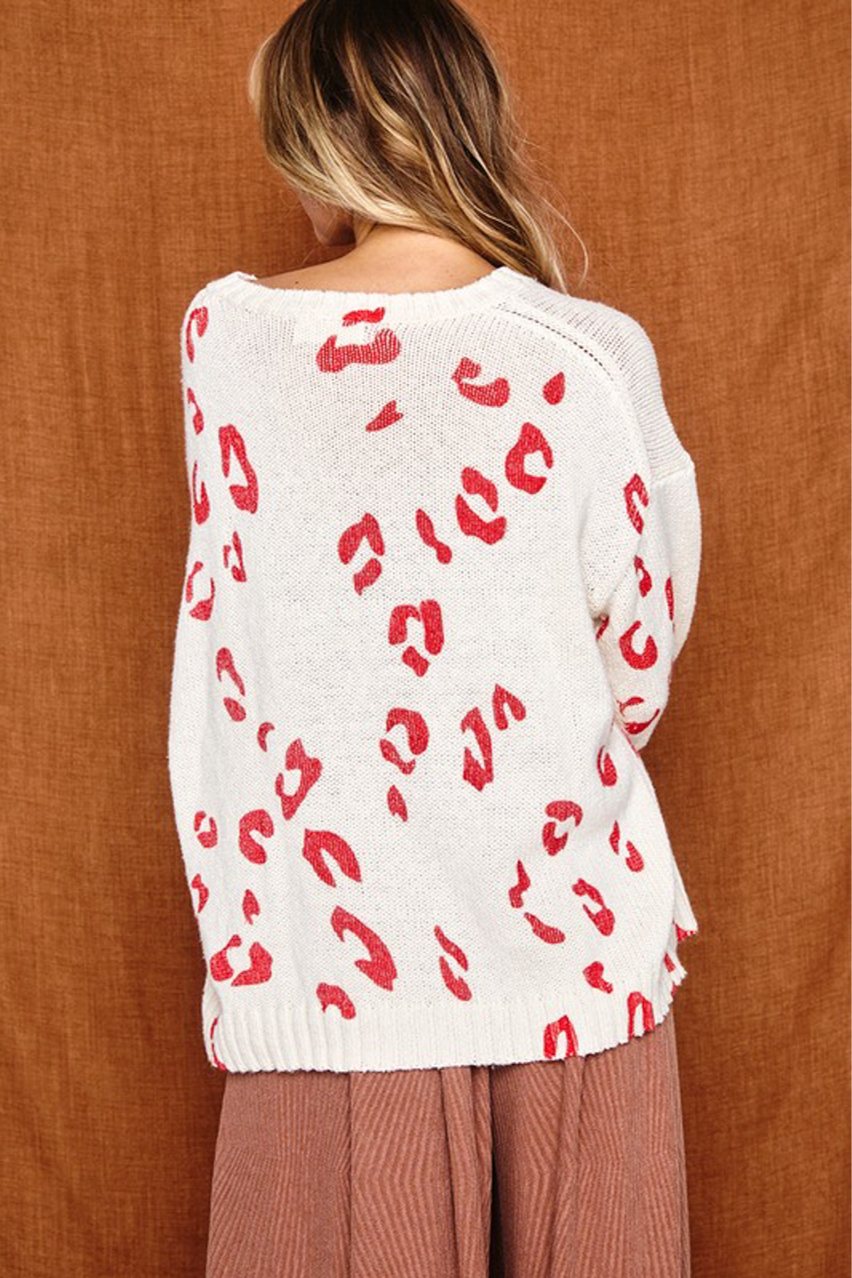 Cream Red Long Sleeve Knit Sweater