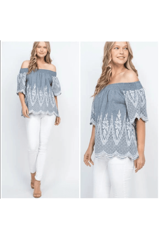 Denim color off shoulder embroidered top