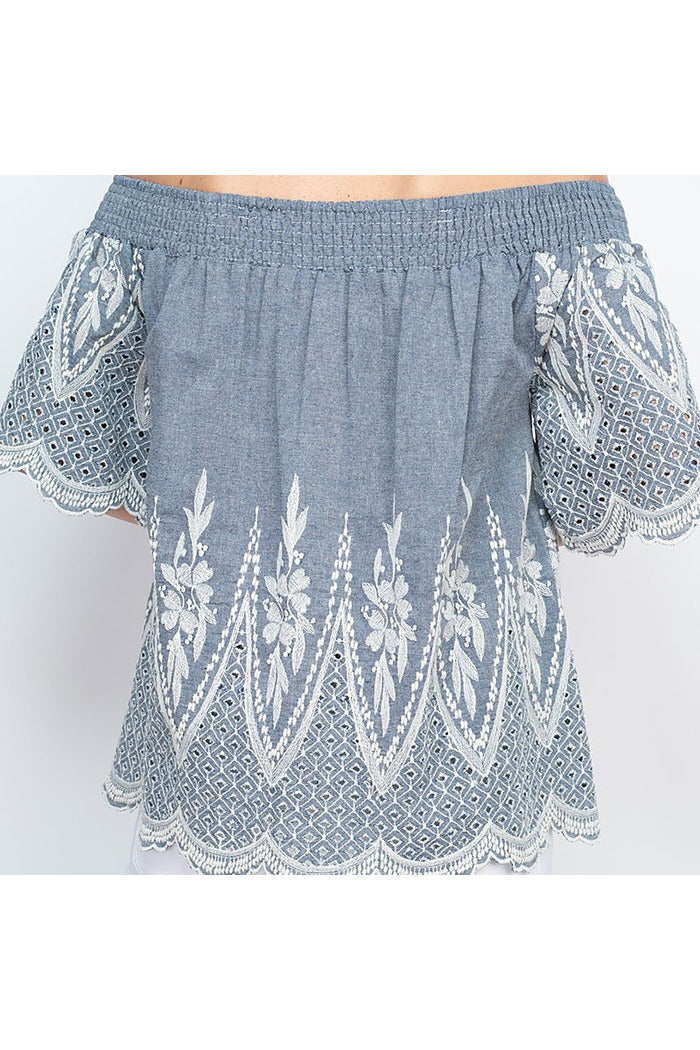 Denim color off shoulder embroidered top