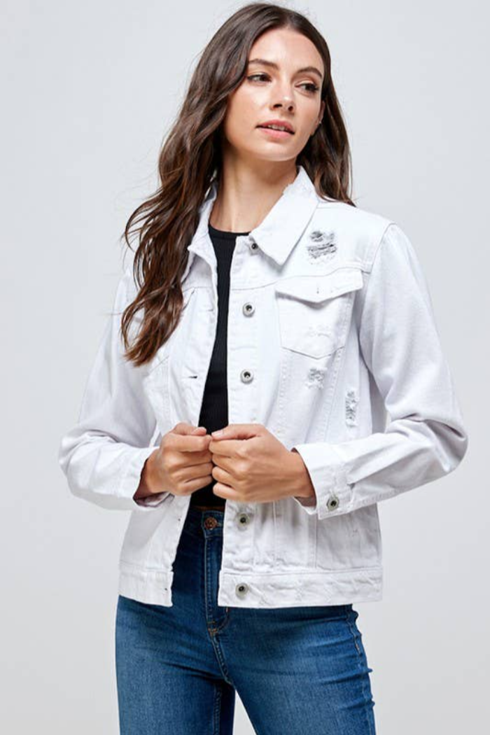 Distressed White Denim Jacket