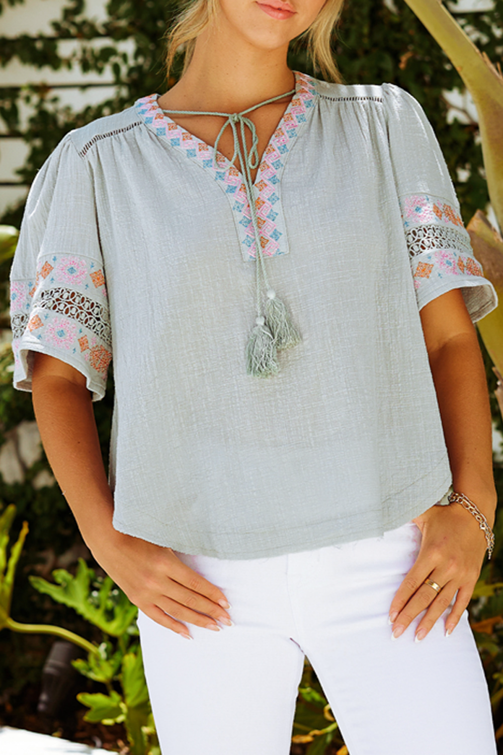 Drawstring Embroidered Half Sleeve