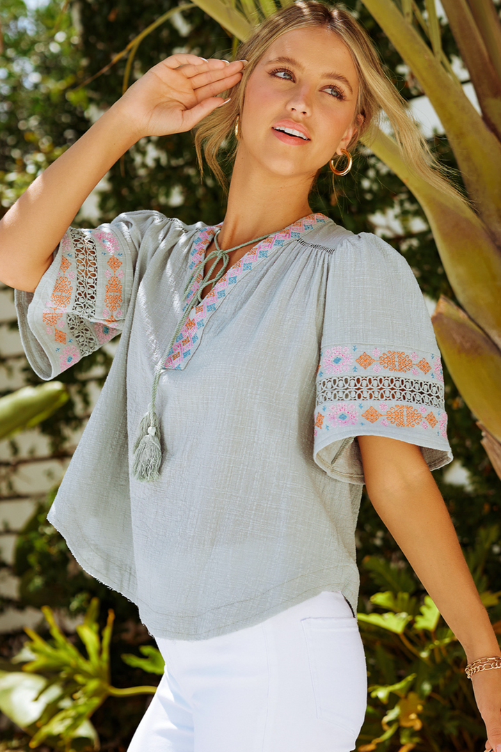 Drawstring Embroidered Half Sleeve