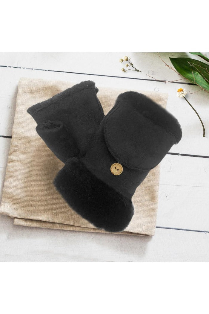 Faux Fur Lined Suede Pop Top Mitten Gloves