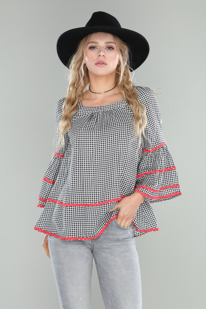 Flare sleeve checkeRed top