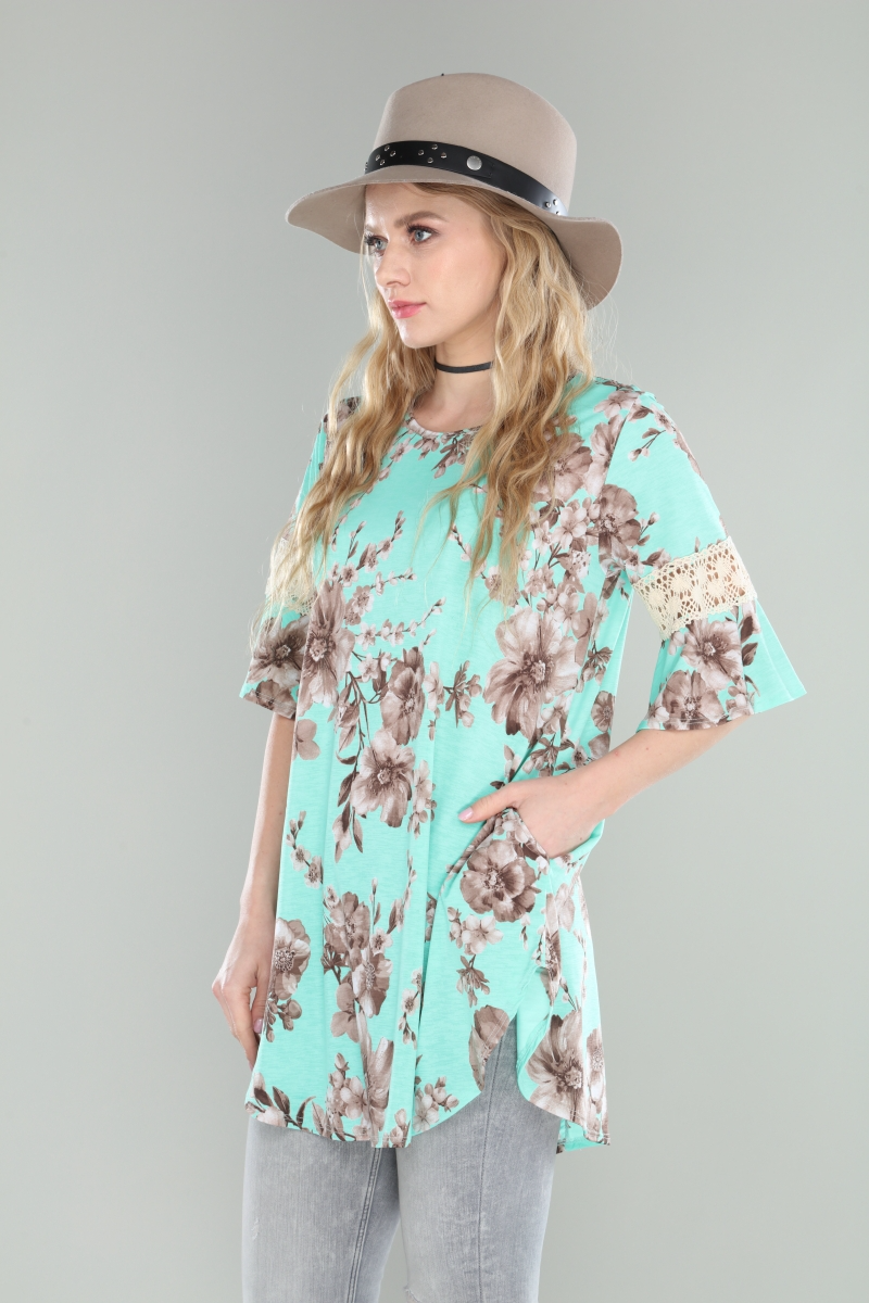 Floral bell sleeve tunic with croche