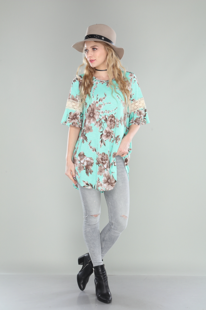 Floral bell sleeve tunic with croche