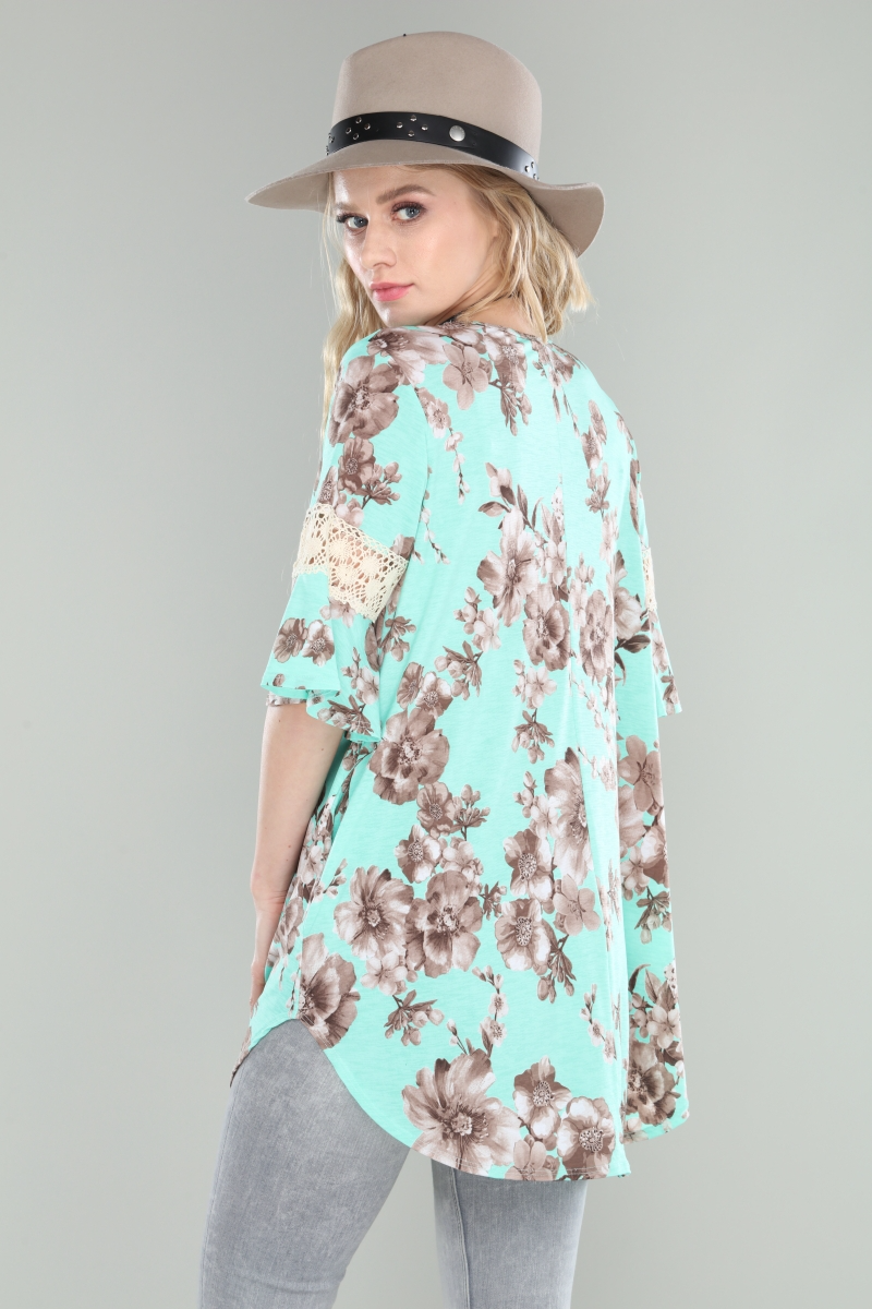 Floral bell sleeve tunic with croche