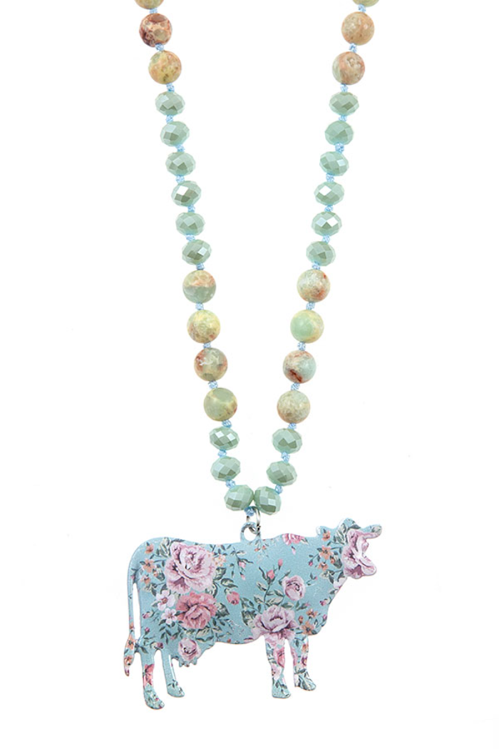 Floral cow pendant bead necklace set