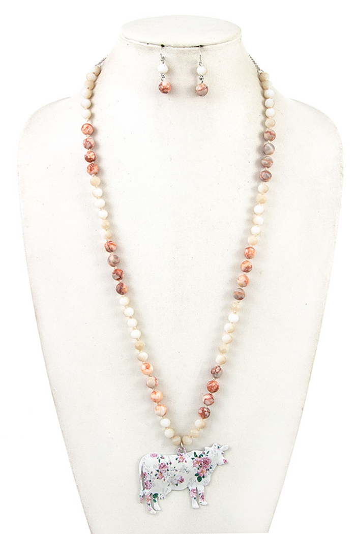 Floral cow pendant bead necklace set