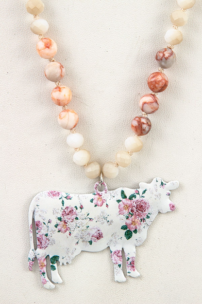 Floral cow pendant bead necklace set